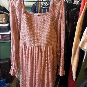 Celebrity Pink Smocked Lace Long-Sleeve Midi Dress in Dusty Rose